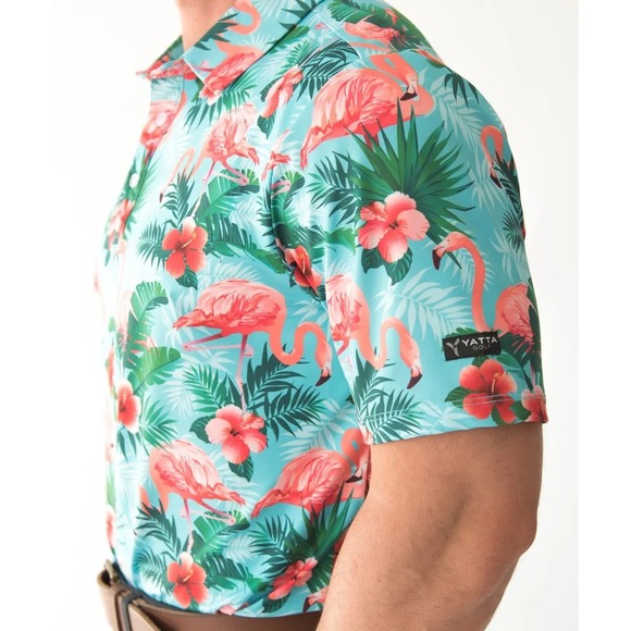 Yatta Polo Golf Shirt Mens MEDIUM Pau Hana Blue Performance Flamingo Hawaiian - Picture 3 of 7